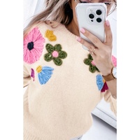 Beige Plus Size Crochet Flower Pullover Sweater - 2X