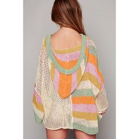 Beige Pointelle Knit Colorblock Patchwork V Neck Hooded Plus Sweater - 1X