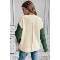 Mist Green Plus Size Cable Knit Color Block Drop Shoulder Sweater - 2X