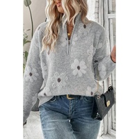 Gray Plus Size Embroidered Floral Pattern Half Zip Sweater - 1X