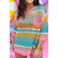 Pink Stripe Plus Size Open Knit Patch Pocket Short Sleeve Sweater - 1X