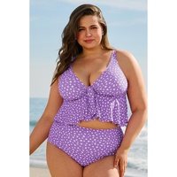 Purple Plus Size Polka Dot Print Ruffled Knotted V Neck Tankini Set - 1X