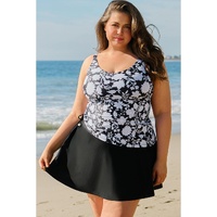 Black Plus Size Printed Square Neck Drawstring Ruffled Tankini Set - 4X