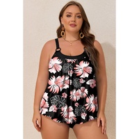 Black 2pcs Plus Size Wide Strap Floral Top Tankini Set - 2X