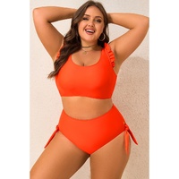 Orange Ruffled Trim Knotted High Waist Plus Size Bikini Set - 4X