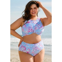 Sky Blue Plus Size Floral Print Twisted High Waist Bikini Set - 3X