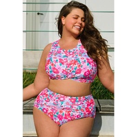 Rose Plus Size Floral Print Twisted High Waist Bikini Set - 2X