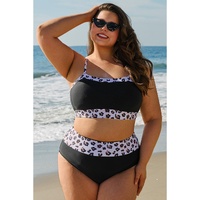 Black 2pcs Leopard Patchwork Plus Size High Waisted Swimsuit - 2X