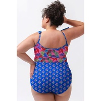 Blue Fashion Print Tied Straps Crop Vest and High Waist Plus Size Bikini - 4X