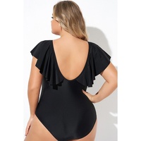 Black Ruffled Sleeve Lace-up V Neck Plus Size One Piece Swimsuit - 4X
