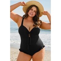 Black Plus Size Textured Knotted Ruffled Trim One Piece Swimwear - 2X