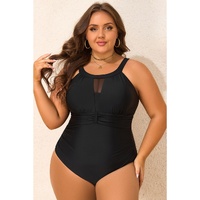 Black Halter Mesh Insert Knotted Back One Piece Plus Size Swimsuit - 2X