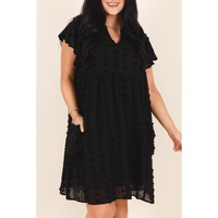 Black Dotty Textured Notched Neck Plus Ruffled Dress - 3X