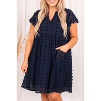 Navy Blue Dotty Textured Notched Neck Plus Ruffled Dress - 4X