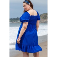 Dark Blue Shirred Ruffled Square Neck Plus Size Mini Dress - 2X