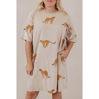 Apricot Plus Size Cheetah Print Side Pockets T Shirt Mini Dress - 1X
