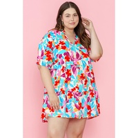Multicolour Floral Tiered V Neck Plus Dress - 3X