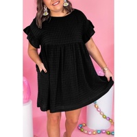 Black Textured Ruffled Sleeve Babydoll Plus Dress - 1X