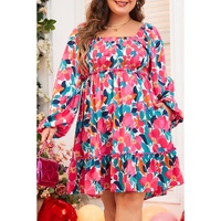 Rose Flower Print Smocked Square Neck Plus Size Dress - 2X
