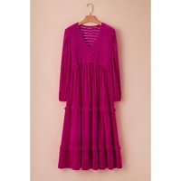Rose Red Shirred V Neck Tiered Ruffled Velvet Plus Size Maxi Dress - 2X
