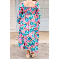 Sky Blue Floral Allover Print Shirred Square Neck Plus Size Maxi Dress - 1X