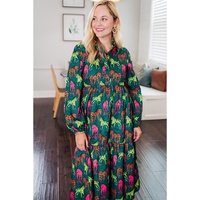 Green Horse Printed Long Sleeve Collared Buttoned Plus Size Midi Dress - 2X