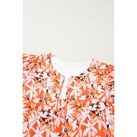 Orange Floral Print Split V Neck Bubble Sleeve Plus Size Midi Dress - 3X