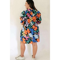 Blue Split Neck Collared Plus Floral Dress - 3X