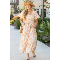 Apricot Floral Print Puff Short Sleeve Resort Plus Size Maxi Dress - 4X