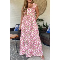 Pink Plus Size Ruffle Trim Square Neck High Waist Floral Maxi Dress - 1X