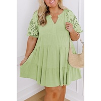 Laurel Green Floral Crochet Short Sleeve Notch V Neck Tiered Plus Size Mini Dress - 2X