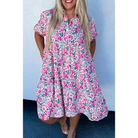 Pink Plus Size Floral Half Button Short Puff Sleeve A-line Dress - 1X
