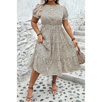 Beige Plus Size Leopard Print Frill Trim Short Sleeve Flared Dress - 4X