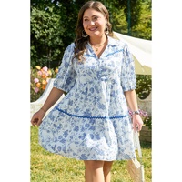 Sky Blue Floral Print Collared V Neck Ric-rac Trim Plus Size Mini Dress - 4X