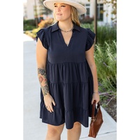 Navy Blue Collared V Neck Flutter Sleeve Tiered Plus Size Dress - 1X