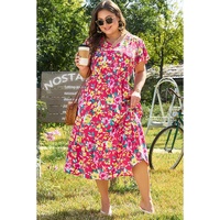 Pink Floral Print V Neck Pocketed High Waist Plus Size Midi Dress - 4X
