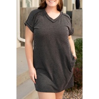 Carbon Grey Corded V Neck Plus Size T Shirt Dress with Pockets - 1X