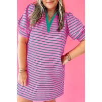 Rose Stripe Collared V Neck Puff Sleeve Shift T Shirt Dress with Pockets - 3X