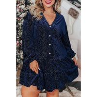 Navy Blue Plus Size Textured Velvet Tiered Button V Neck Dress - 1X