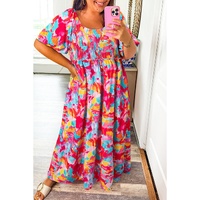Rose Abstract Printed Puff Sleeve Square Neck Smocked Bust Tied Back Plus Size Dress - 3X