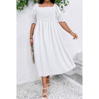 White Swiss Dot Smocked Frilled Neckline Short Sleeve Plus Size Dress - 1X