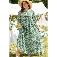 Green Geometric Floral Print Half Sleeve Plus Size Maxi Dress - 2X