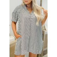 Black Stripe Short Sleeve Buttoned V Neck Pocketed Plus Size Mini Dress - 4X