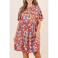 Red Dainty Flower Printed Plus Size Short Sleeve Shift Dress - 1X
