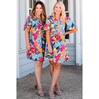Multicolour Plus Size Leafy Print Split Neck Short Sleeve Shift Dress - 3X