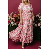 Pink Plus Size Floral Square Neck Puff Sleeve Ruffle Maxi Dress - 1X