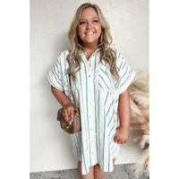Green Stripe Plus Size St Patricks Day Short Sleeve Buttoned Shirt Dress - 1X