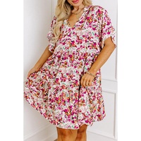 White Abstract Print V Neck Short Sleeve Ruffled Plus Size Mini Dress - 2X