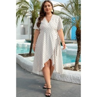 Khaki Polka Dot Surplice V Neck Tied Waist Flutter Sleeve Flowy Plus Size Midi Dress - 4X