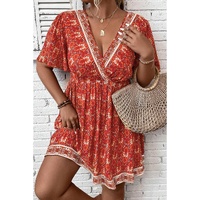 Orange Plus Size Printed Surplice Neck Empire Waist Flowy Mini Dress - 1X